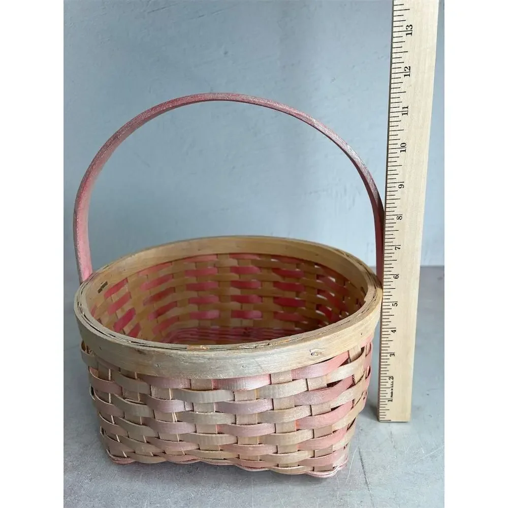 Vintage Pink and wood Woven‎ Basket with Handle 9”x9” Round